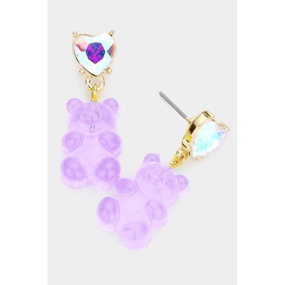 NEW Sparkly Ab Crystal Heart Stud Kawaii Dangle Clear Gummy Bear Drop Earrings - Picture 3 of 5